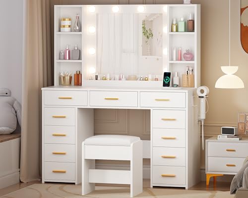White Vanity Desk with Mirror and Lights 11 Drawers 9 Shelves Vanity Table with Stool N82824