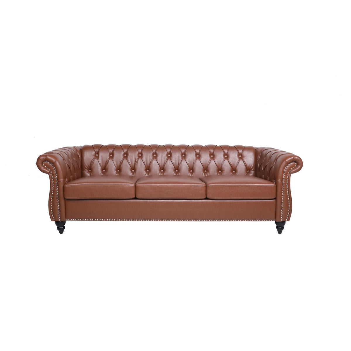 Brown Pu Rolled Arm Chesterfield Three Seater Sofa Q1422