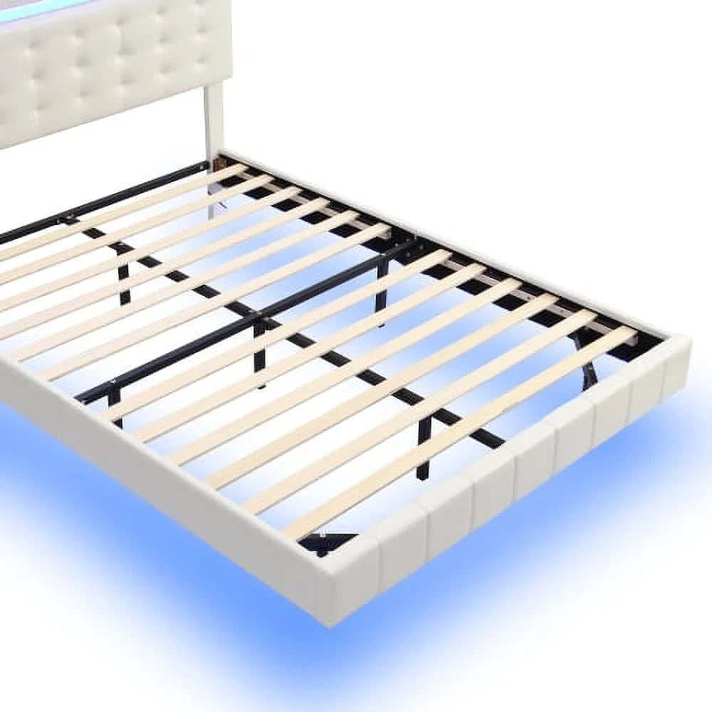 Full Size Black Upholstered Platform Bed Frame with LED Lights H568