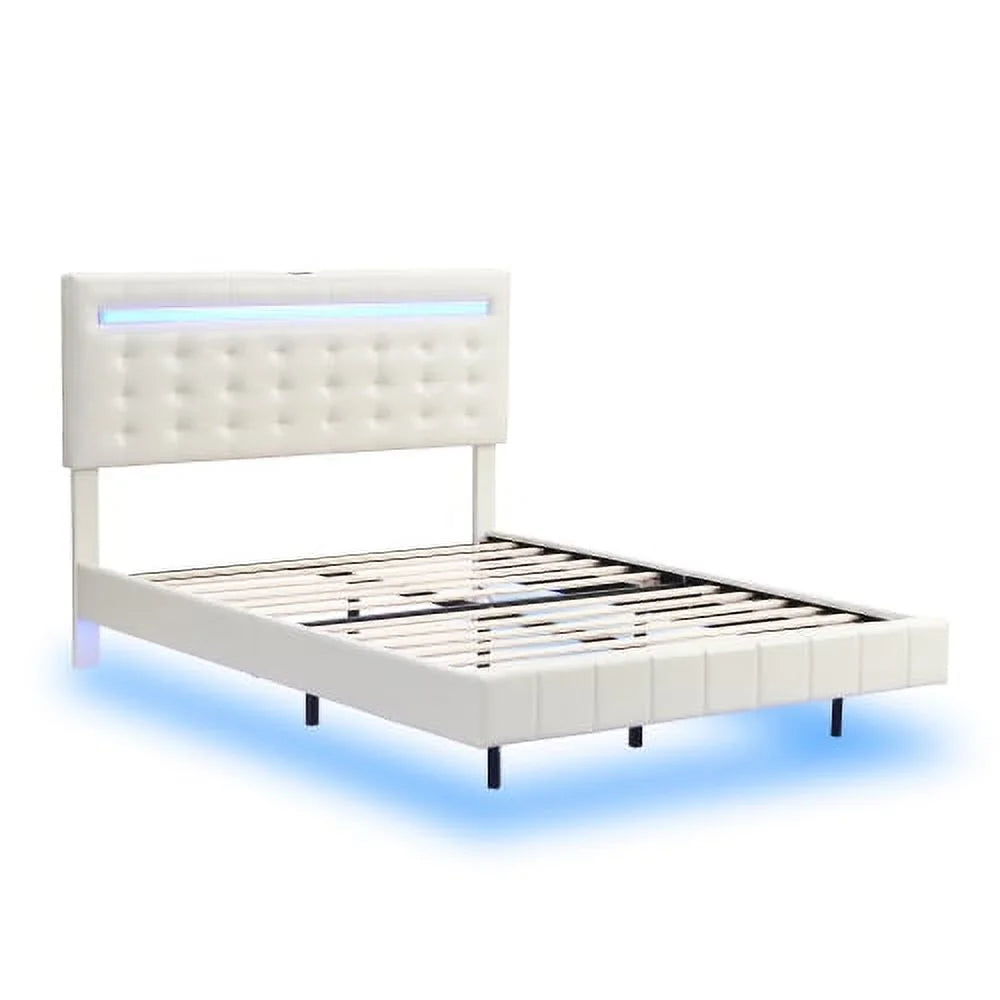 Full Size Black Upholstered Platform Bed Frame with LED Lights H568