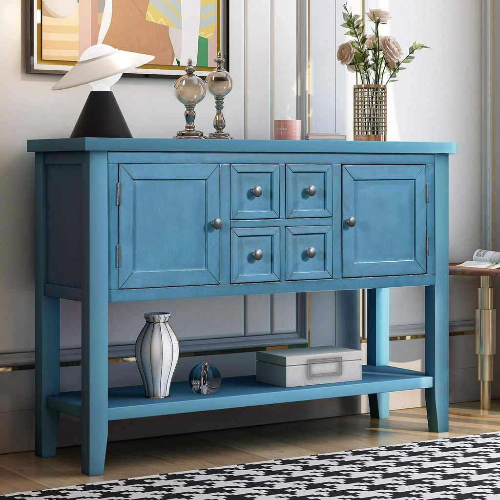 Blue Console Sofa Table with Storage Drawers Cabinets and Bottom Shelf M313