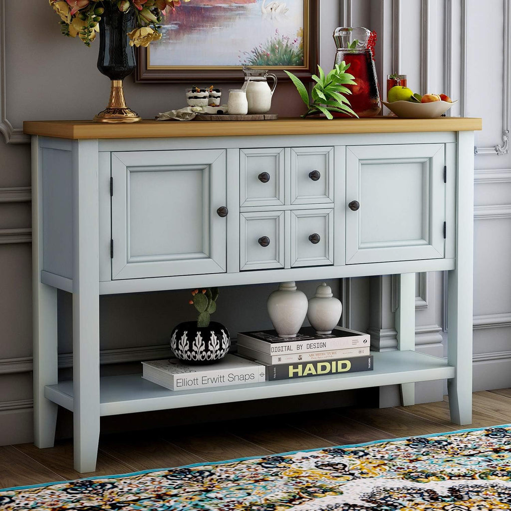 Blue Console Sofa Table with Storage Drawers Cabinets and Bottom Shelf M313