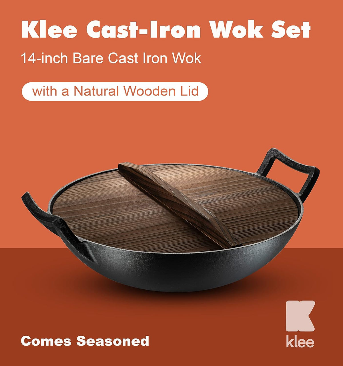 Pre-Seasoned Cast Iron Wok Pan with Lid and Handles, 14 Inch Flat Base Non-Stick, Pack of 2 X3716