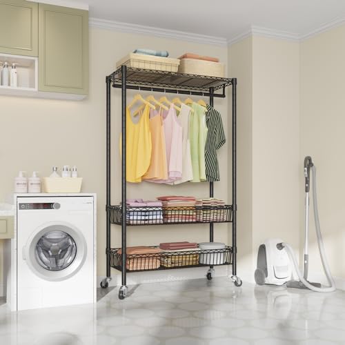 White Rolling Garment Rack with Basket C3502