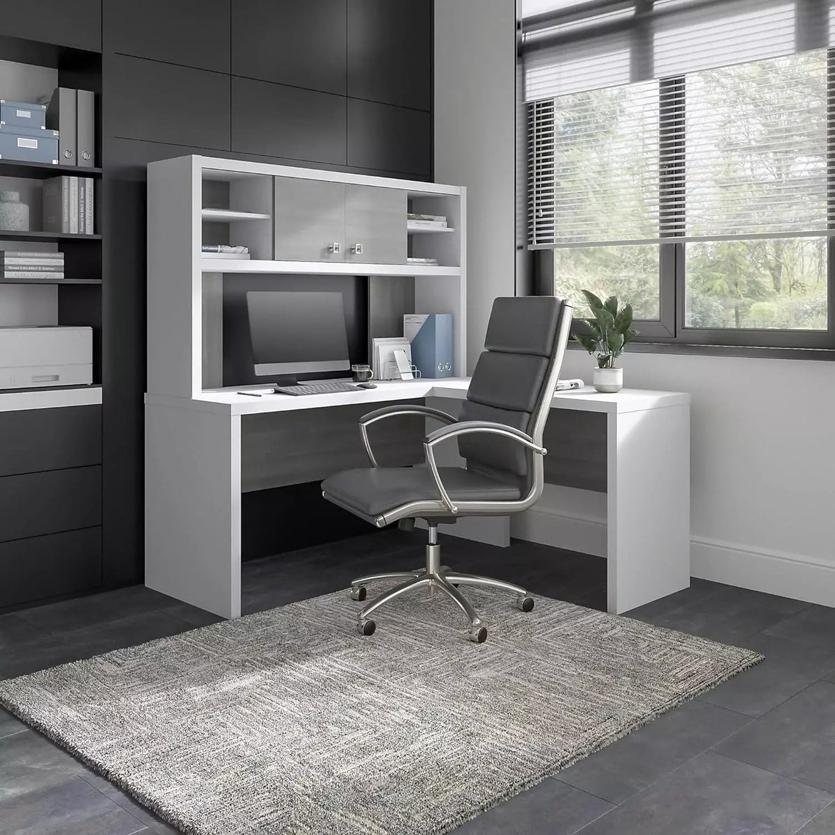 L-Shaped Desk with Hutch in Pure White & Gray J44494