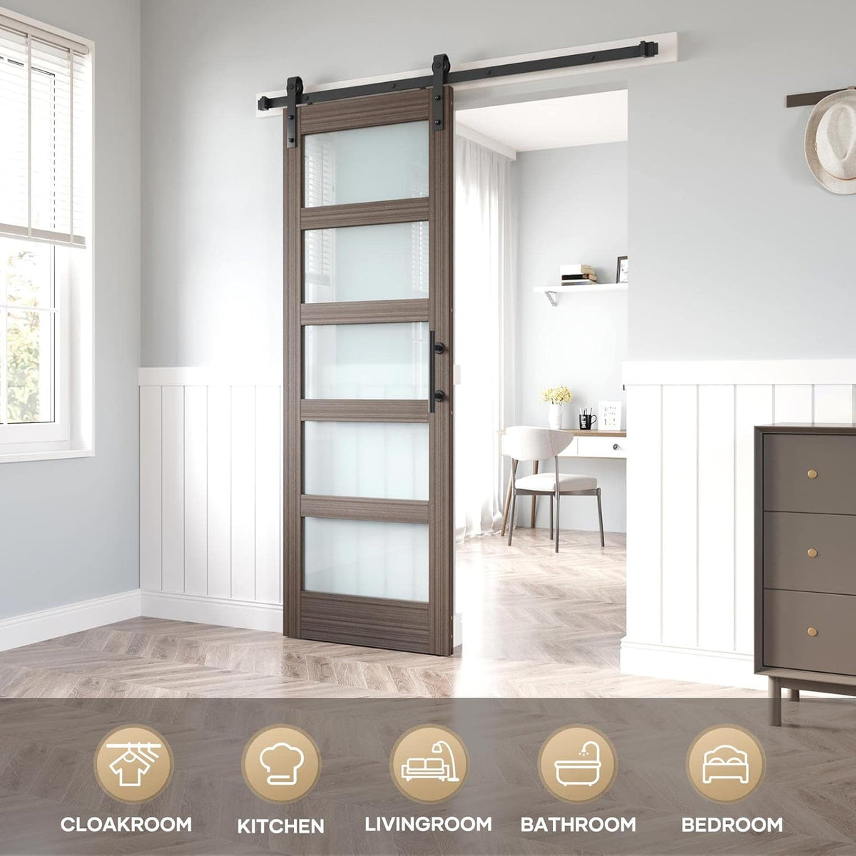 Glass Sliding Barn Door Slab with Hardware Kit, MDF Wood Panel with PVC Surface N6478
