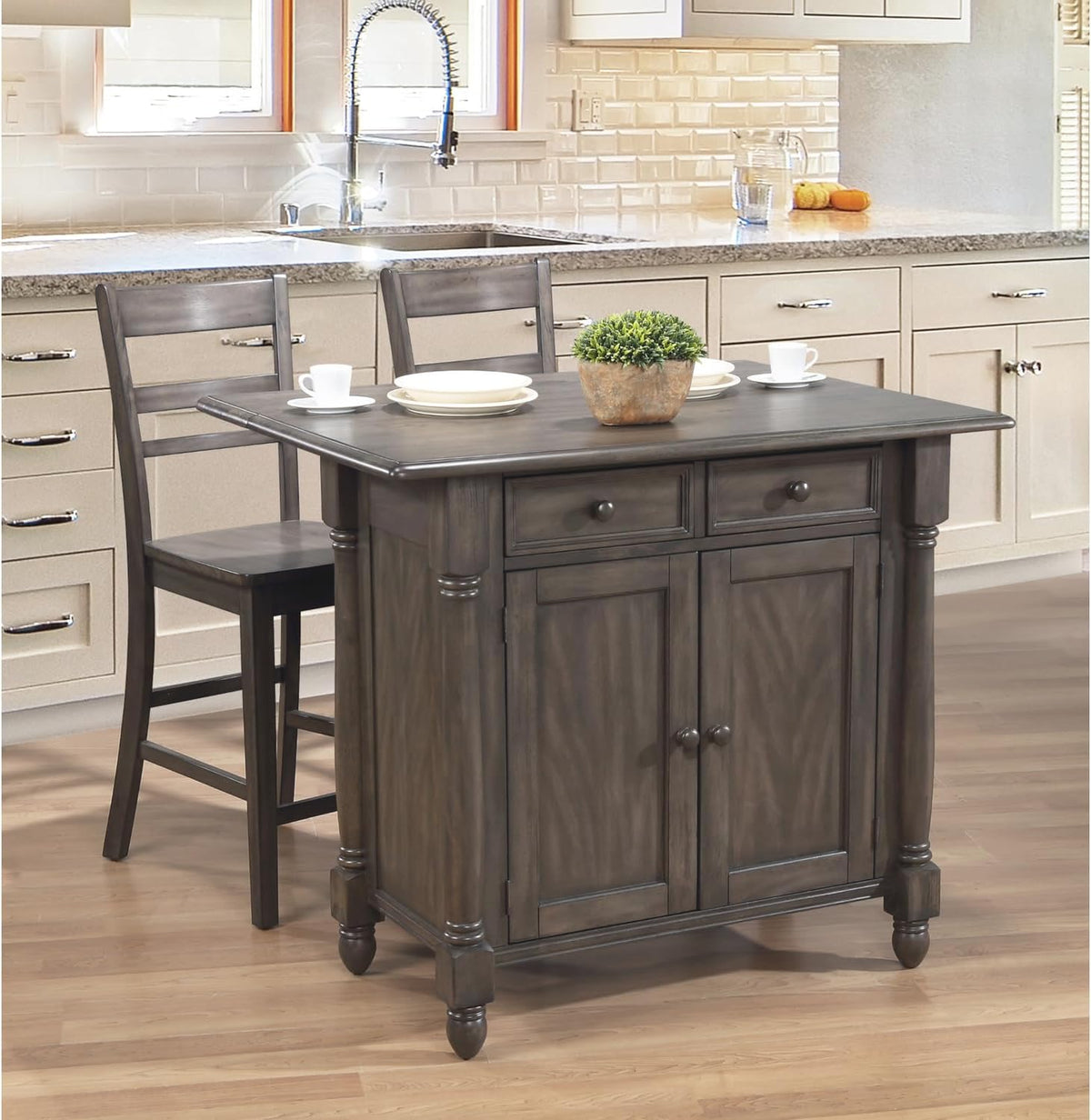 Expandable Drop Leaf Kitchen Island Set with 2 Stools, Drawers and Cabinet Z772