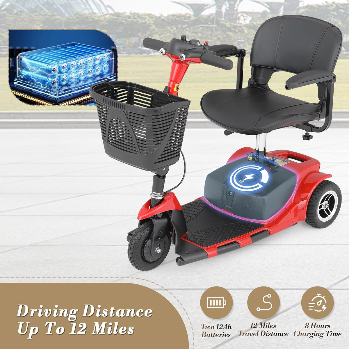 Red 3 Wheel Foldable Mobility Scooter with Seat X8633