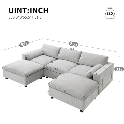 86.5" Grey Chenille U-Shaped Sectional Sofa with Storage Pockets Y1540