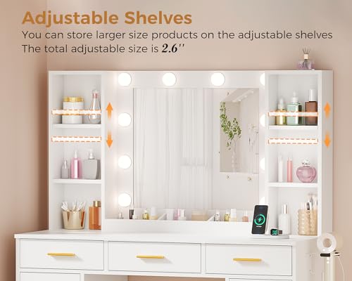 White Vanity Desk with Mirror and Lights 11 Drawers 9 Shelves Vanity Table with Stool N82824