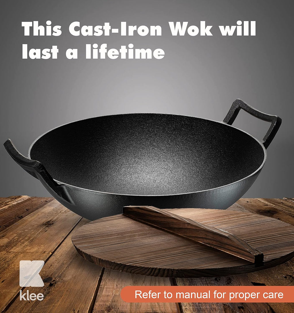 Pre-Seasoned Cast Iron Wok Pan with Lid and Handles, 14 Inch Flat Base Non-Stick, Pack of 2 X3716