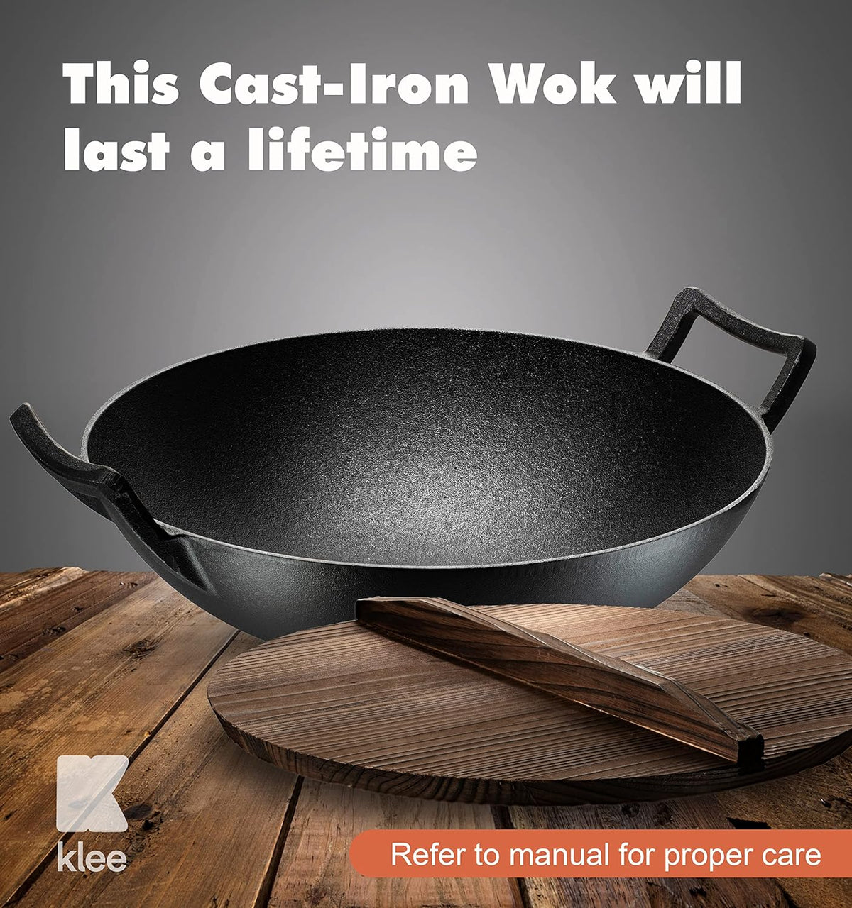 Pre-Seasoned Cast Iron Wok Pan with Lid and Handles, 14 Inch Flat Base Non-Stick, Pack of 2 X3716