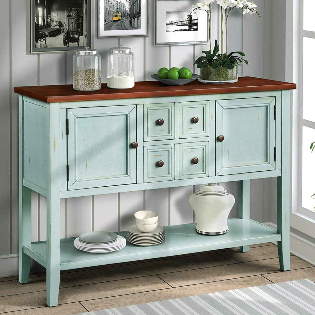 Blue Console Sofa Table with Storage Drawers Cabinets and Bottom Shelf M313