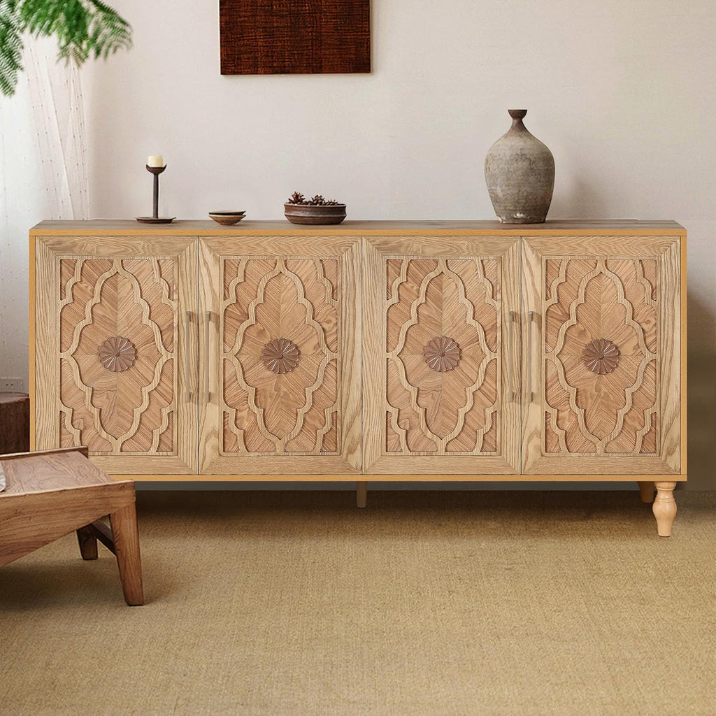 63" Carved Flower Door Large Storage Cabinet with Metal Handle (Natural Wood) H3343