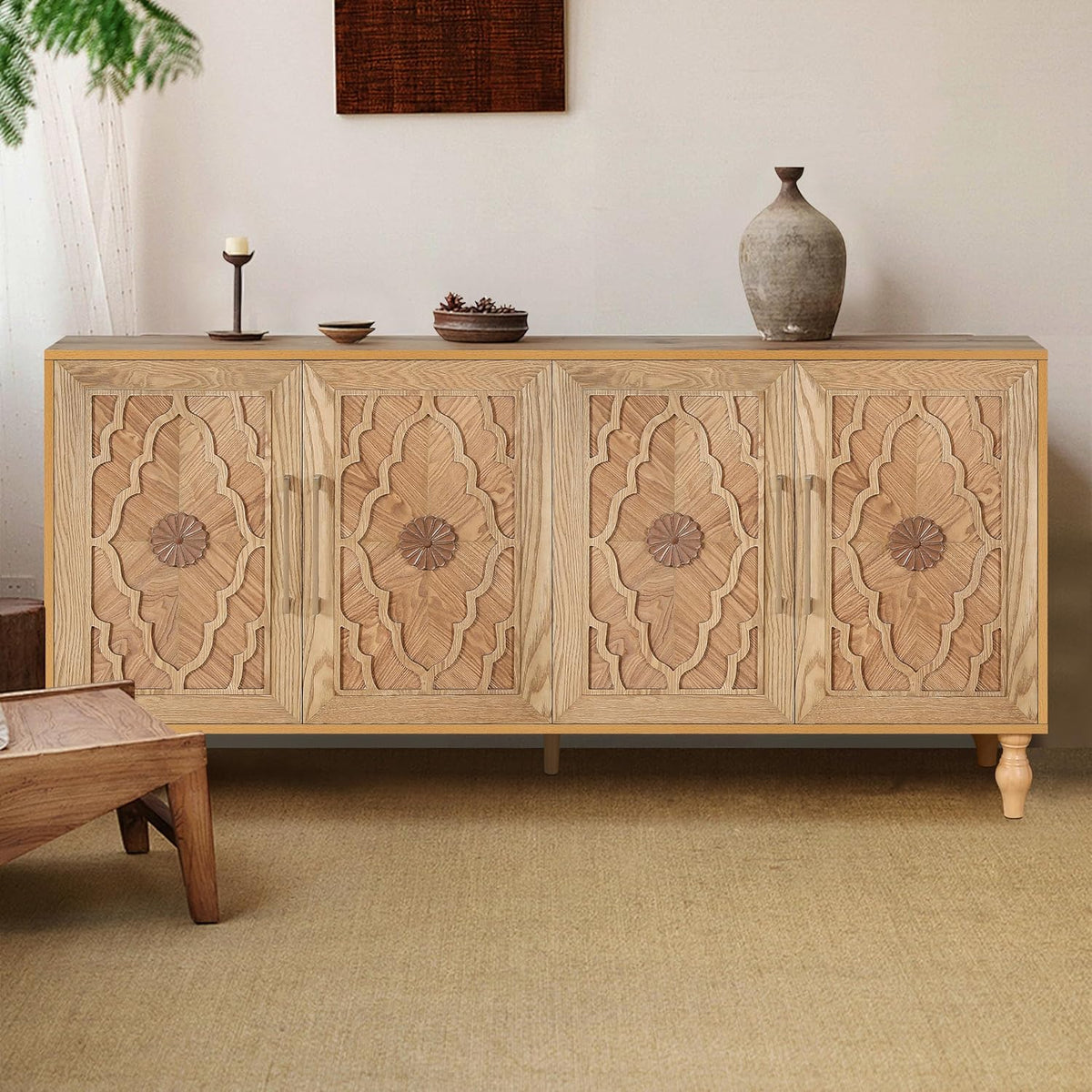 63" Carved Flower Door Large Storage Cabinet with Metal Handle (Natural Wood) H3343