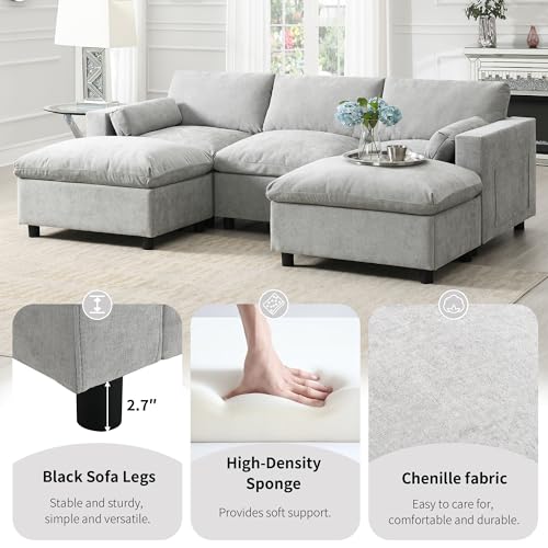 86.5" Grey Chenille U-Shaped Sectional Sofa with Storage Pockets Y1540