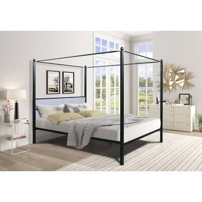 Queen Canopy Metal Upholstered Four-Poster Bed Frame Black B191