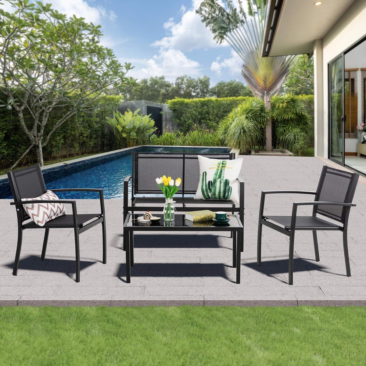 4 Pieces Textilene Metal Outdoor Patio Conversation Set with Loveseat Tea Table J913