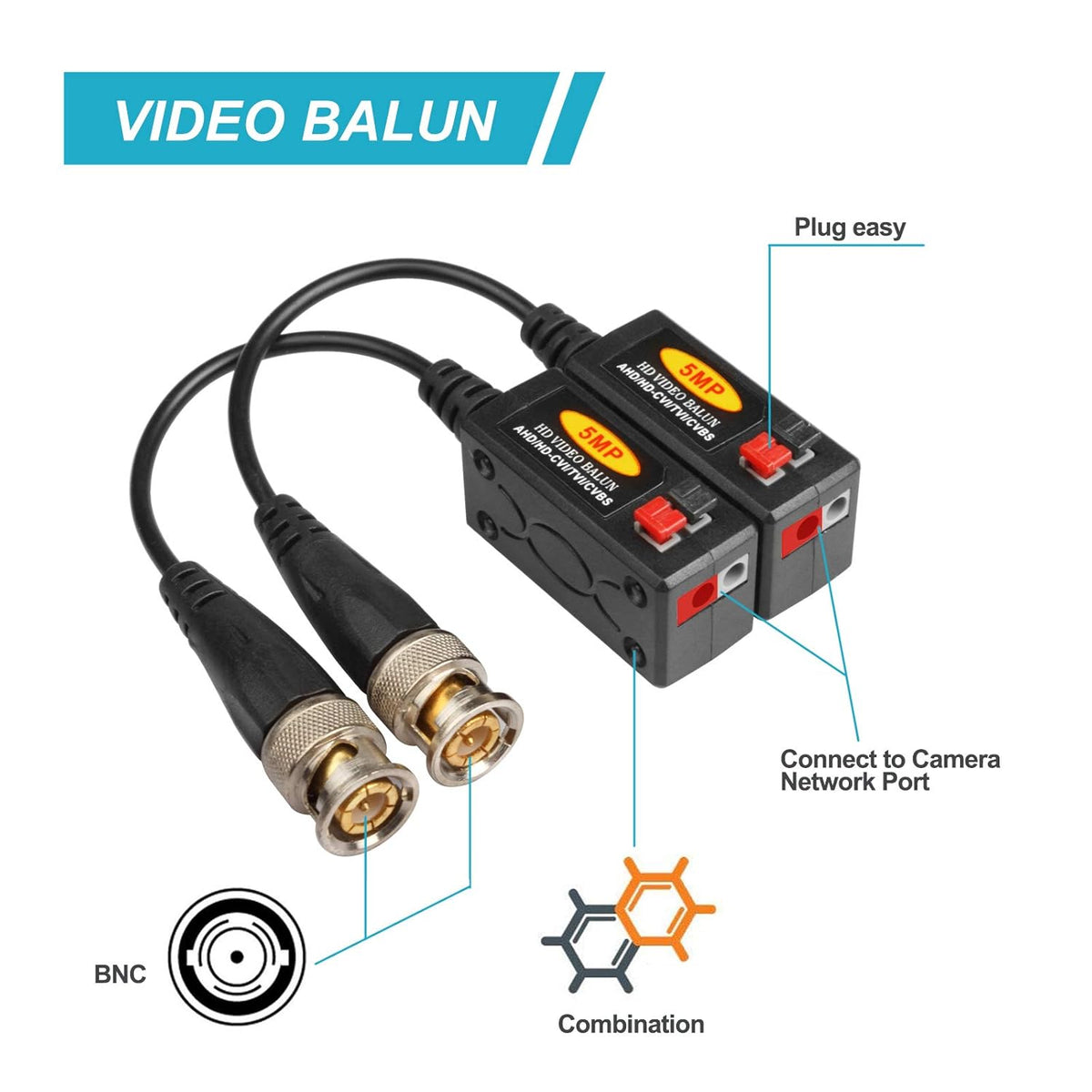 20 Pairs Passive HD BNC Video Balun Transceiver Transmitter AHD/TVI/CVI/CVBS Cable Connectors for CCTV Security Cameras I3575