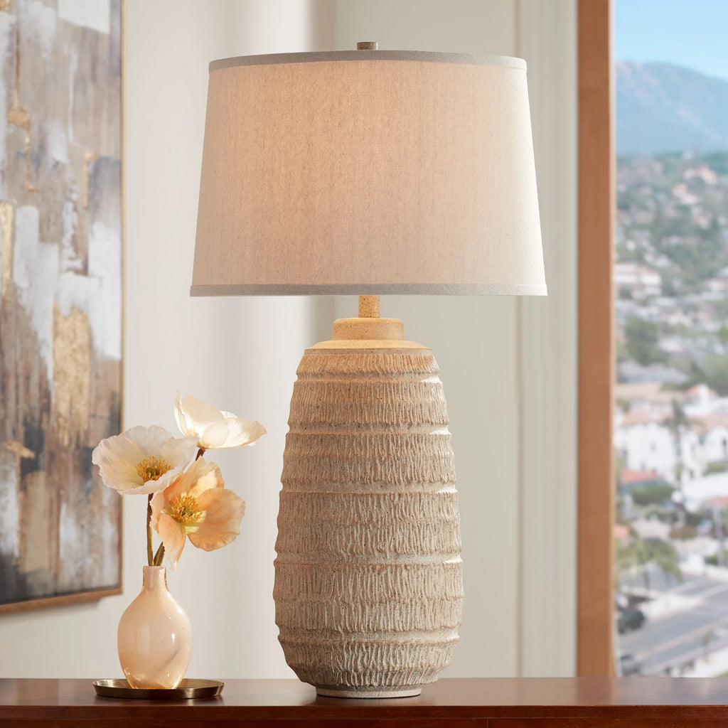 Farmhouse Rustic End Table Lamp Beige Faux Wood Oatmeal Fabric Shade M163