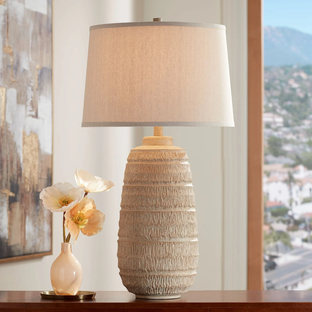 Farmhouse Rustic End Table Lamp Beige Faux Wood Oatmeal Fabric Shade M163