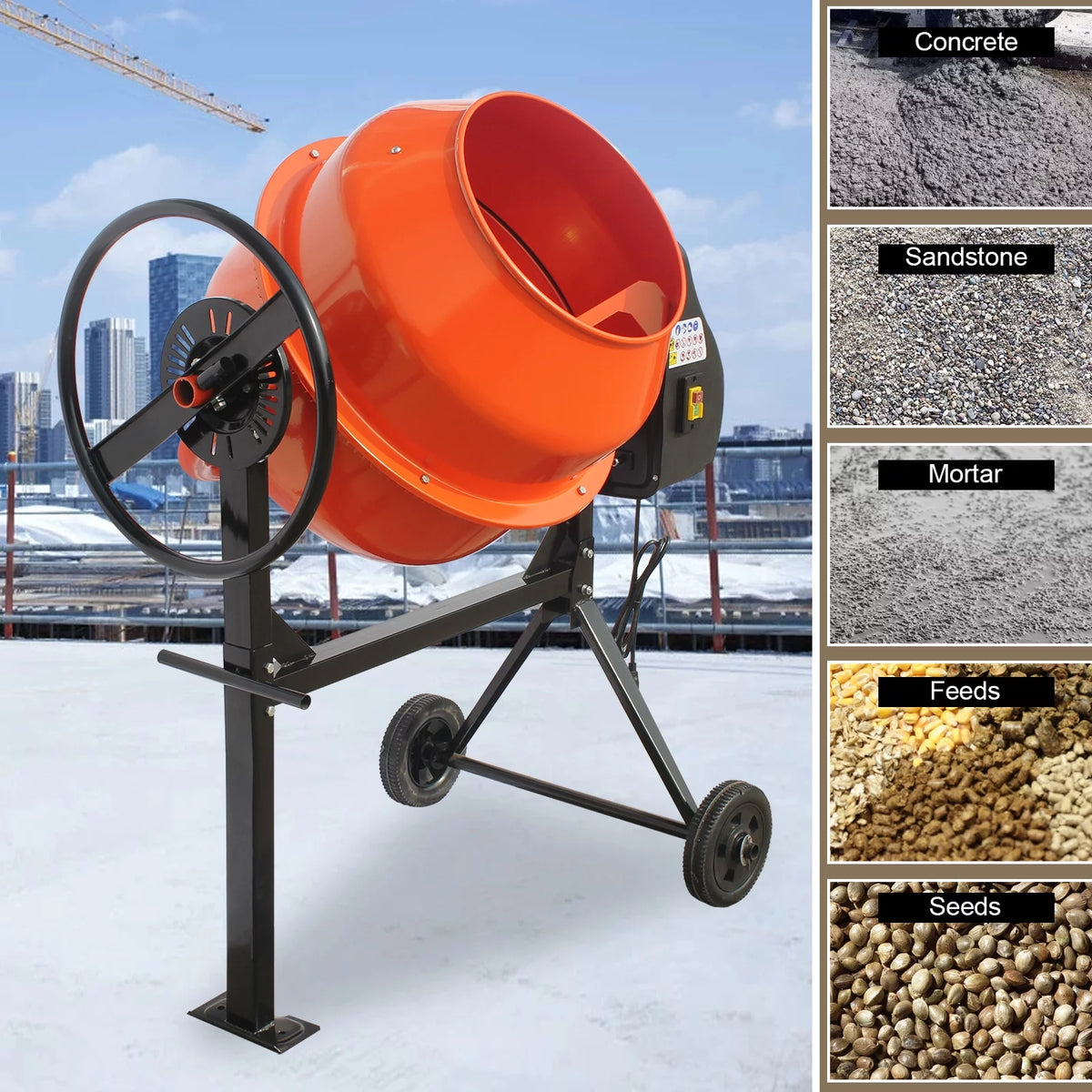 Electric Concrete Mixer 4/5 HP 5 Cu Ft Portable with Wheel and Stand Q834