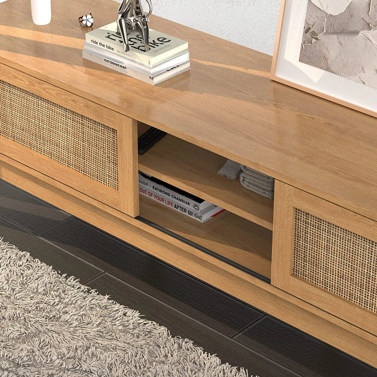 TV Stand with Rattan Sliding Doors for TVs up to 65 Inches M769