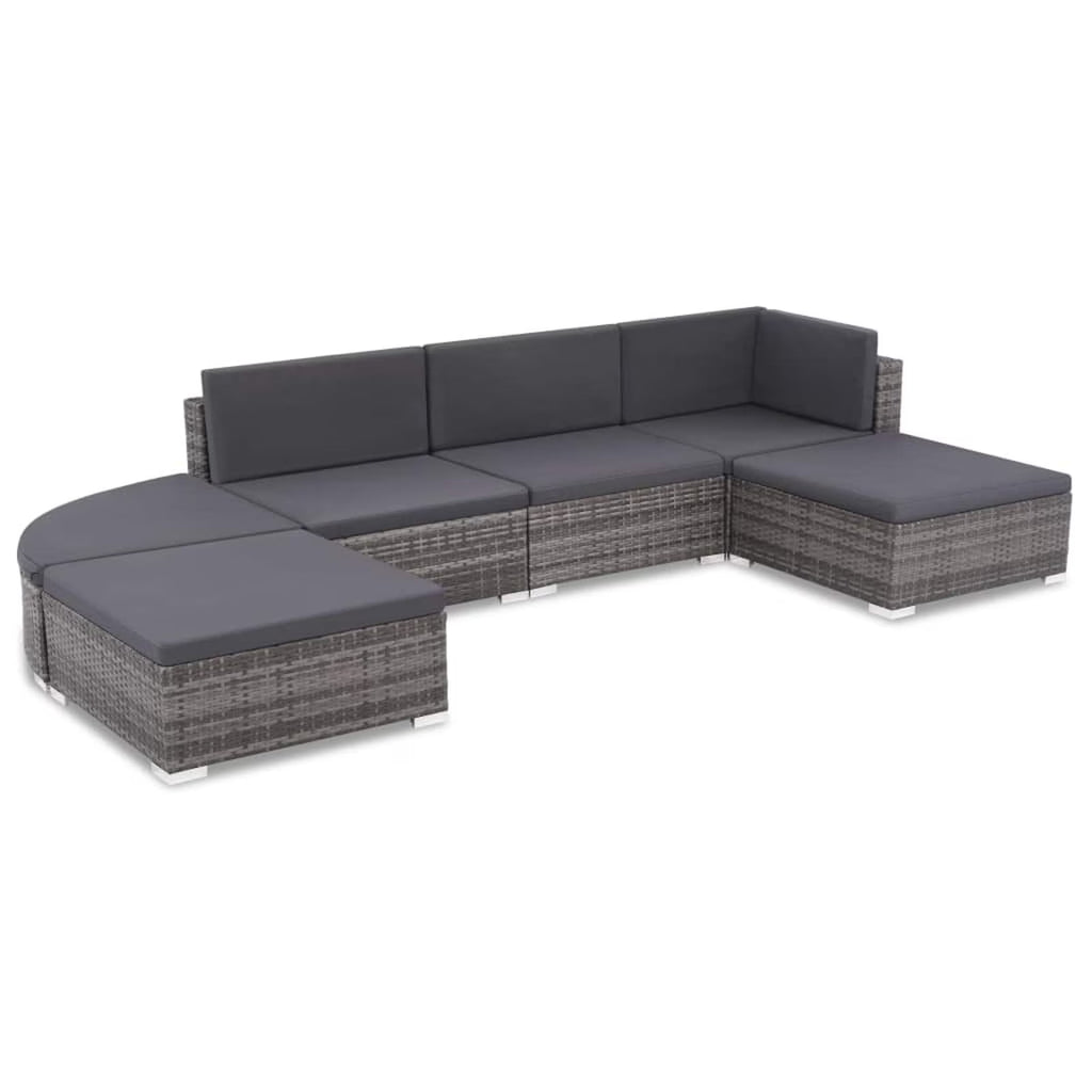 Set of 6 Poly Rattan Patio Sectional Corner Sofa with 2 Ottoman and Soft Cushions Gray T4640