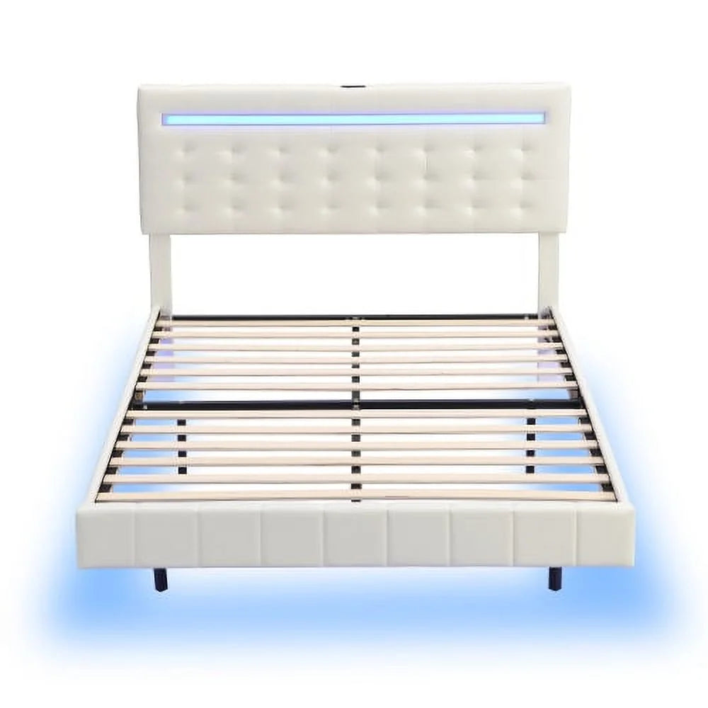 Full Size Black Upholstered Platform Bed Frame with LED Lights H568