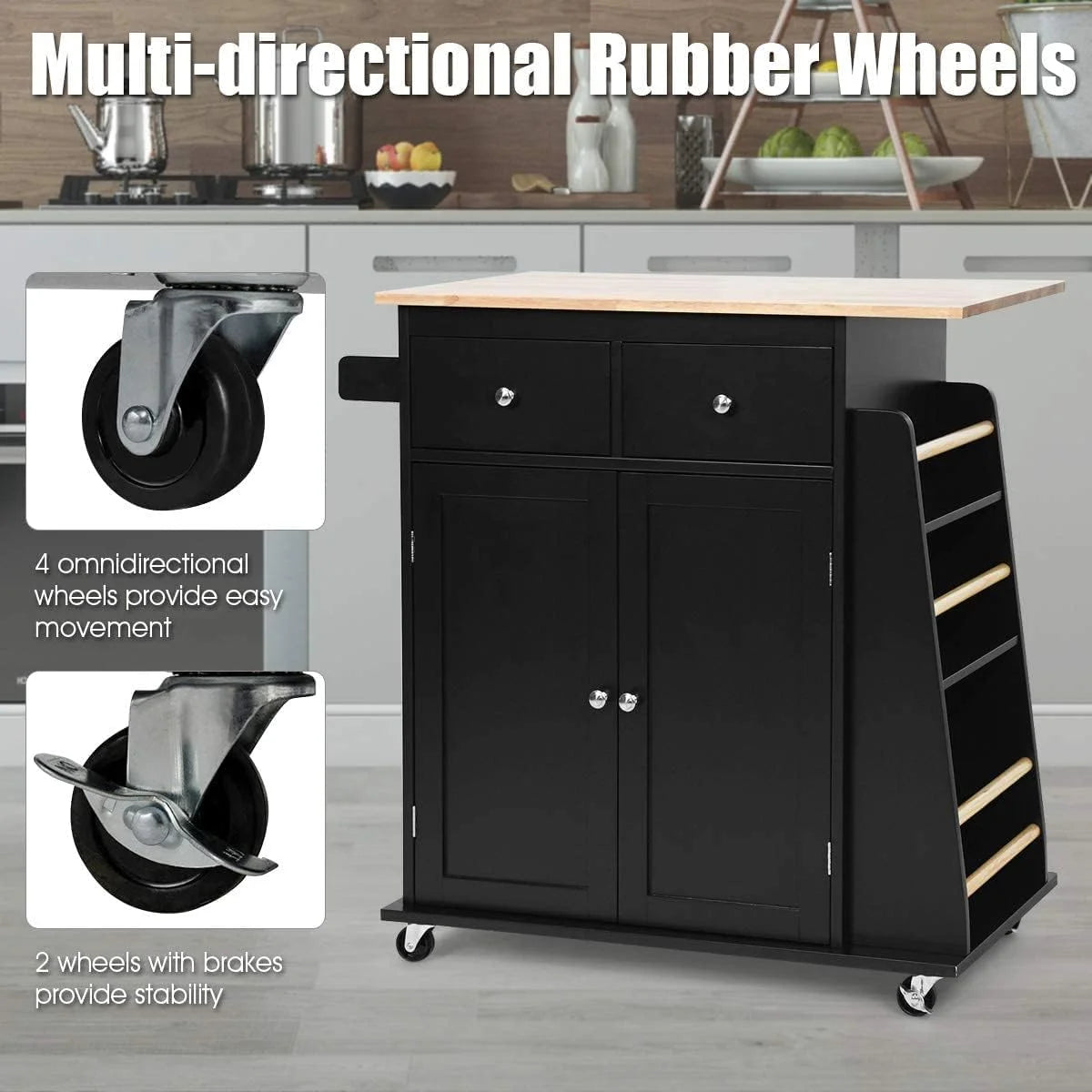 Black Wooden Kitchen Utility Cart with 2 Drawers B805