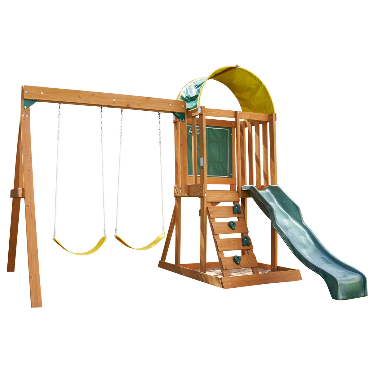 Wooden Outdoor Swing Set with Slide and Rock Wall I422892
