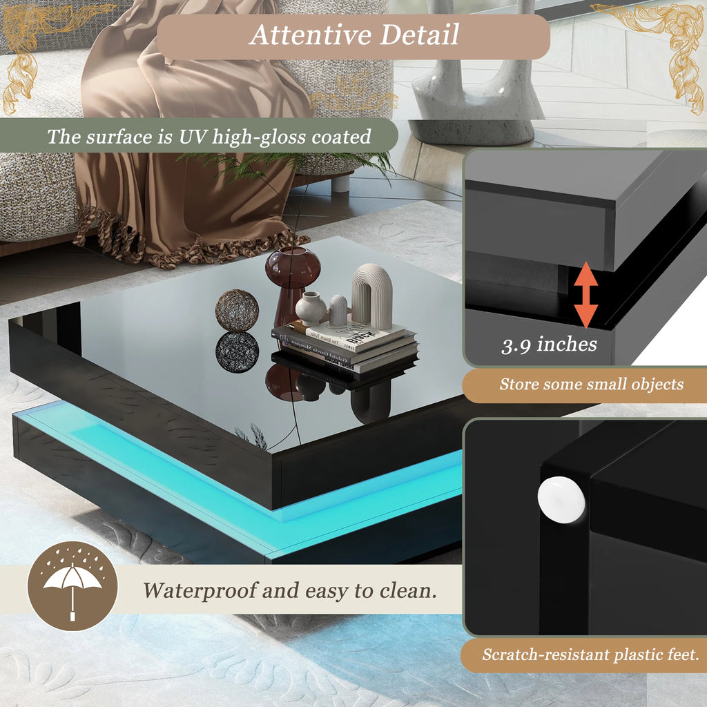 High Gloss 2-Tier Square Coffee Table with LED Lights U232