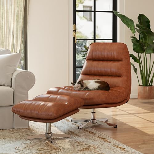 Brown PU Leather Oversized Swivel Accent Chair with Ottoman C545382