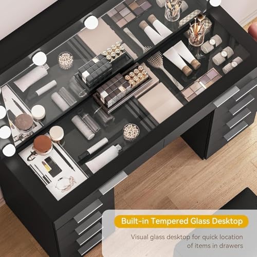 Cream White 10 Drawer Glass Top Vanity Desk with LED Mirror and Chair O488992