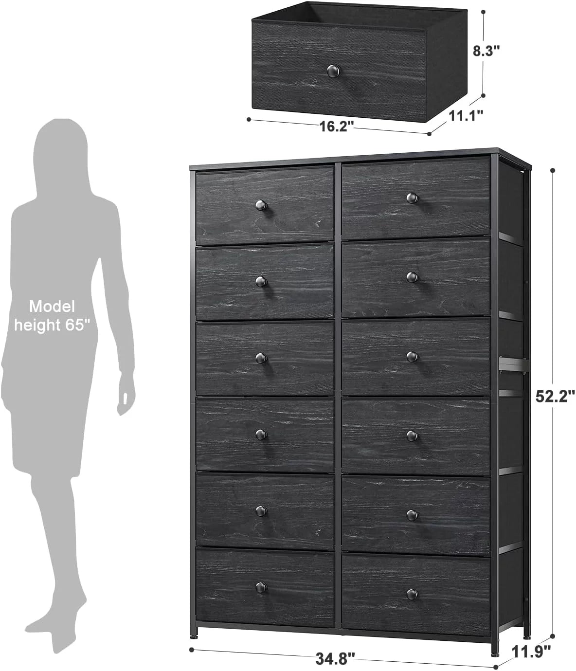 Black 12 Drawer Fabric Dresser D8972