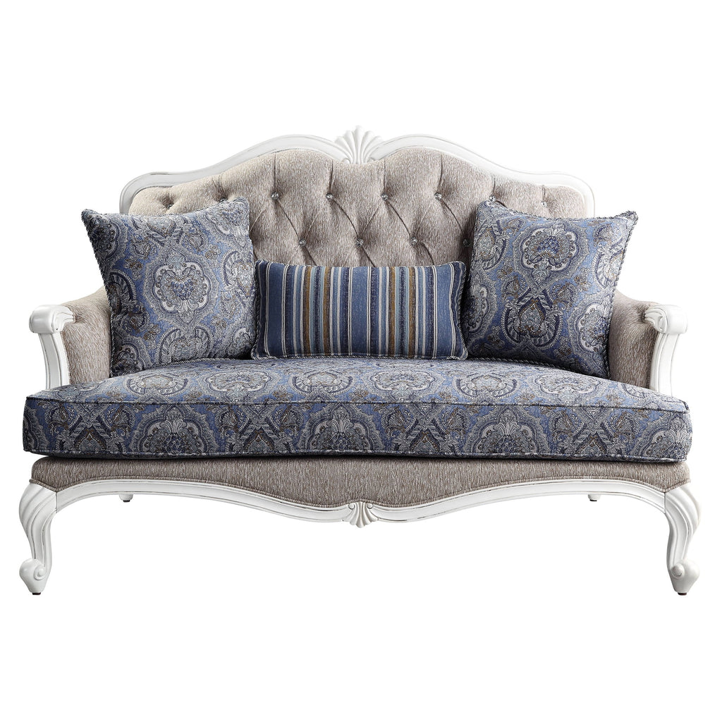 Beige and White Loveseat with 3 Pillows I440320
