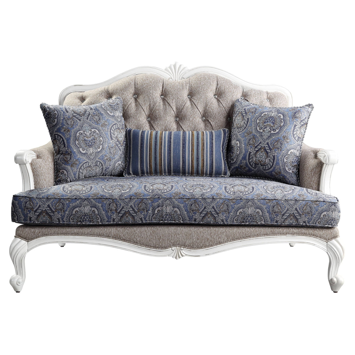 Beige and White Loveseat with 3 Pillows I440320