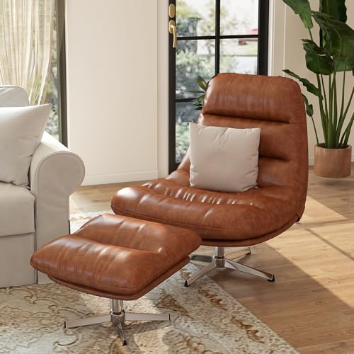 Brown PU Leather Oversized Swivel Accent Chair with Ottoman C545382