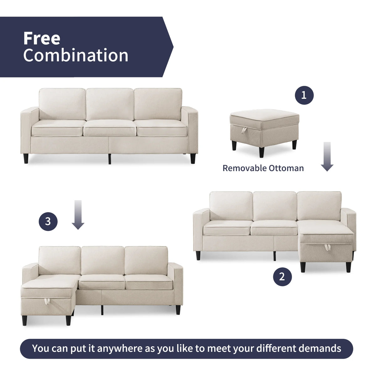 Beige Convertible Sectional Sofa Couch with Storage Ottoman O210