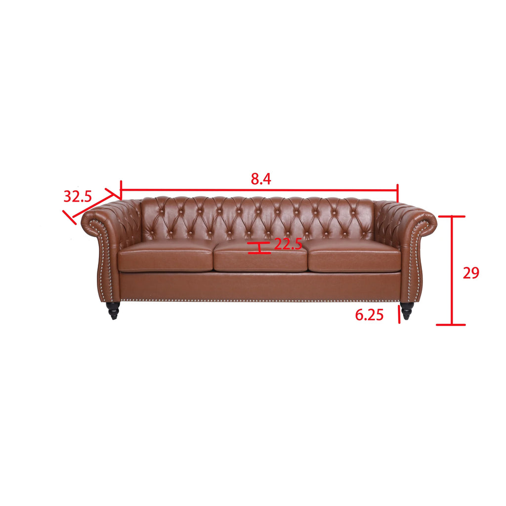 Brown Pu Rolled Arm Chesterfield Three Seater Sofa Q1422