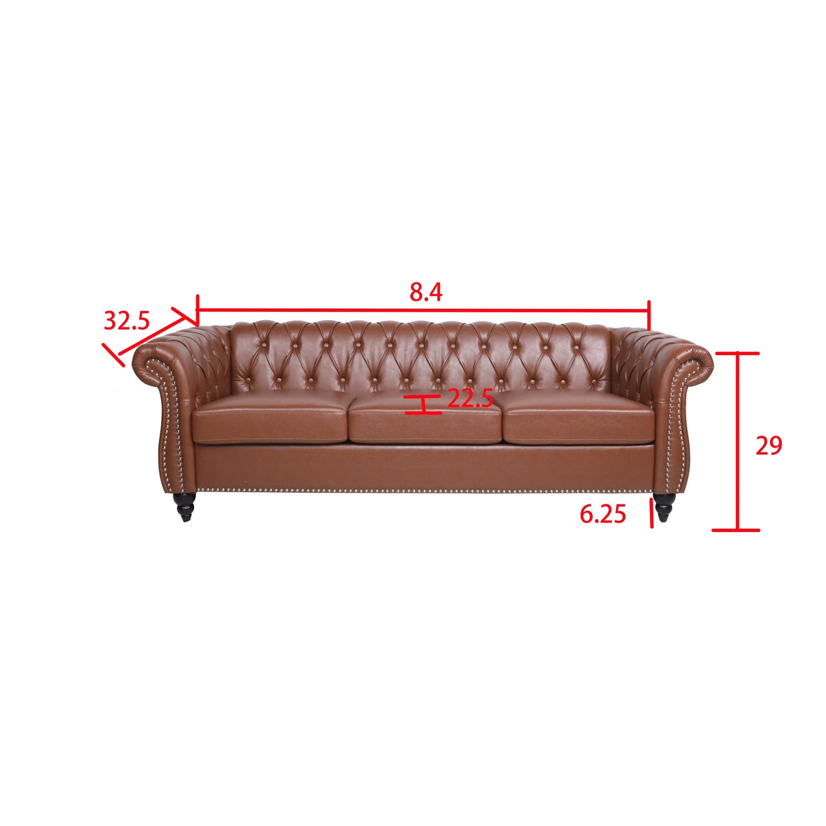 Brown Pu Rolled Arm Chesterfield Three Seater Sofa Q1422