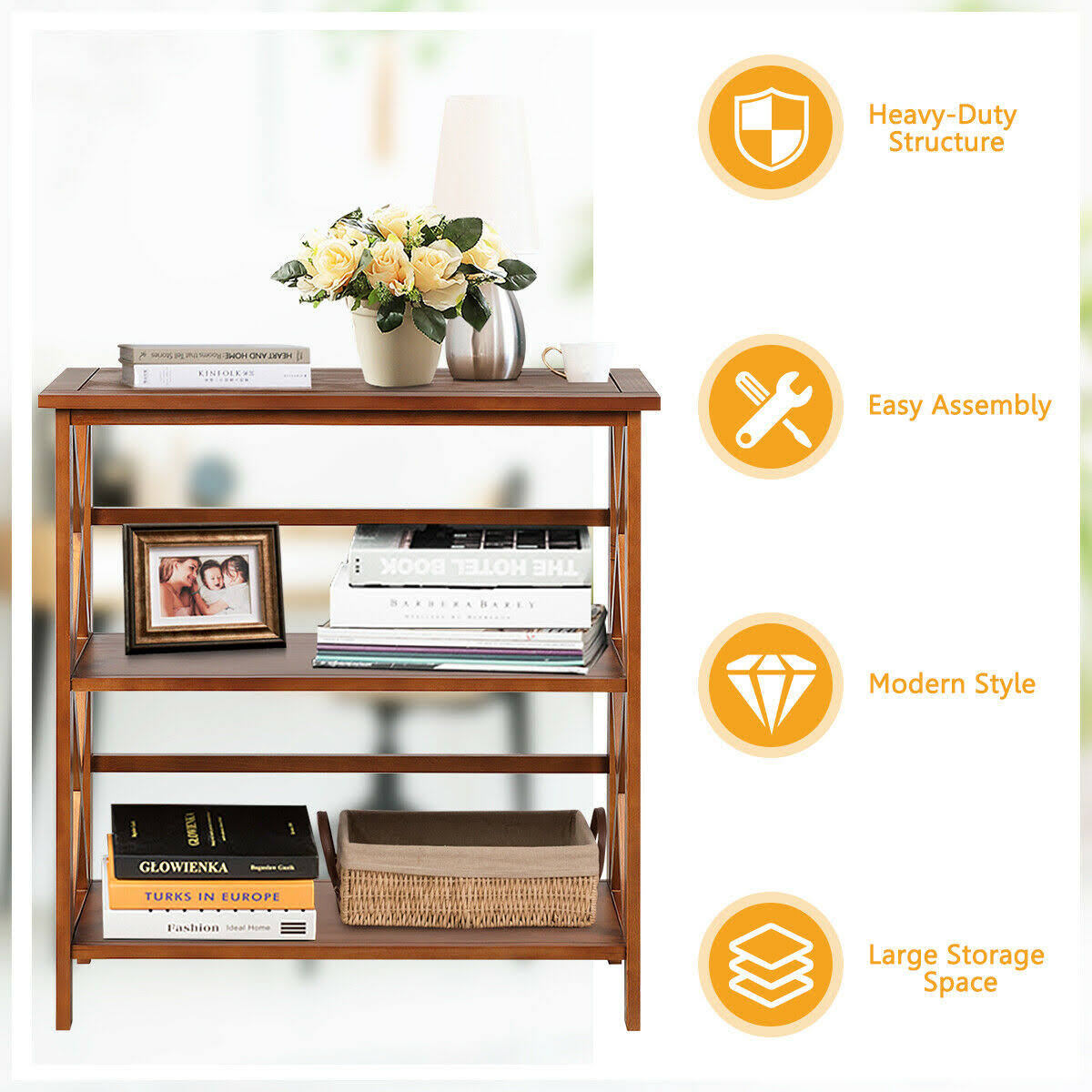 3-Tier Wooden Open Shelf Bookcase Natural E8830