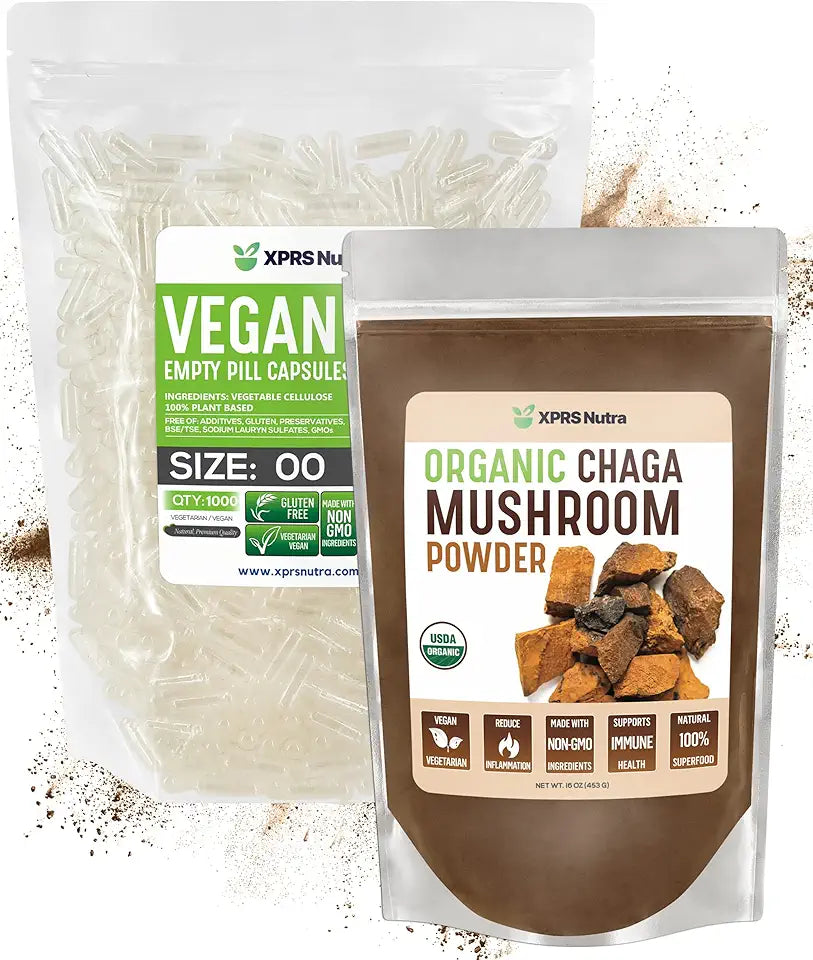 Organic Chaga Powder 16 Ounce with 1000 Count Size 00 Empty Capsules L2733