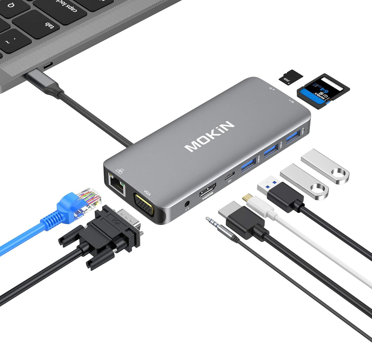 USB C Hub Multiport Adapter 10 in 1 with 4K HDMI, VGA, Ethernet, 3 USB Ports, PD Charger, SD/Micro SD Card Reader A826