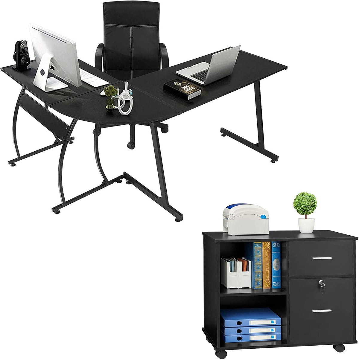 L Shaped Desk and File Cabinet with Open Storage Shelf I369