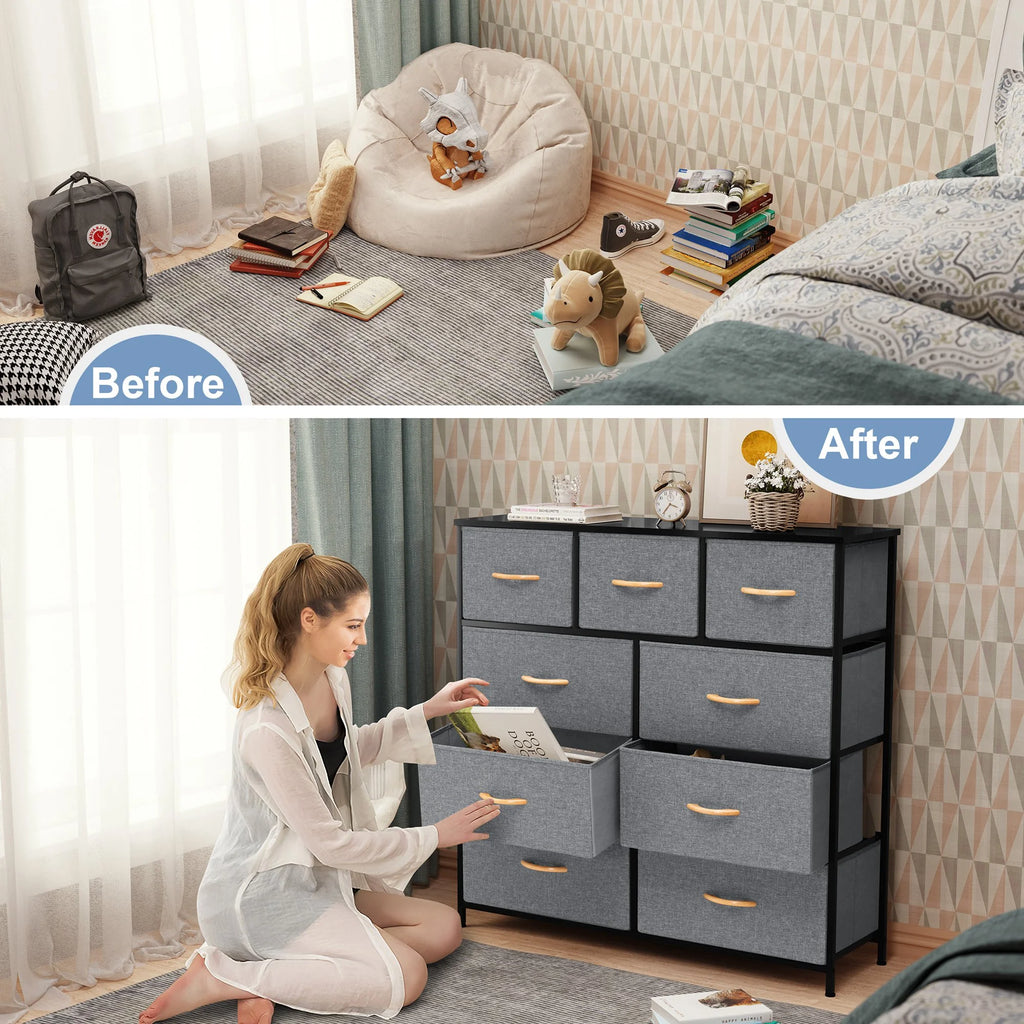 Gray 9 Drawer Dresser Storage Tower E9094