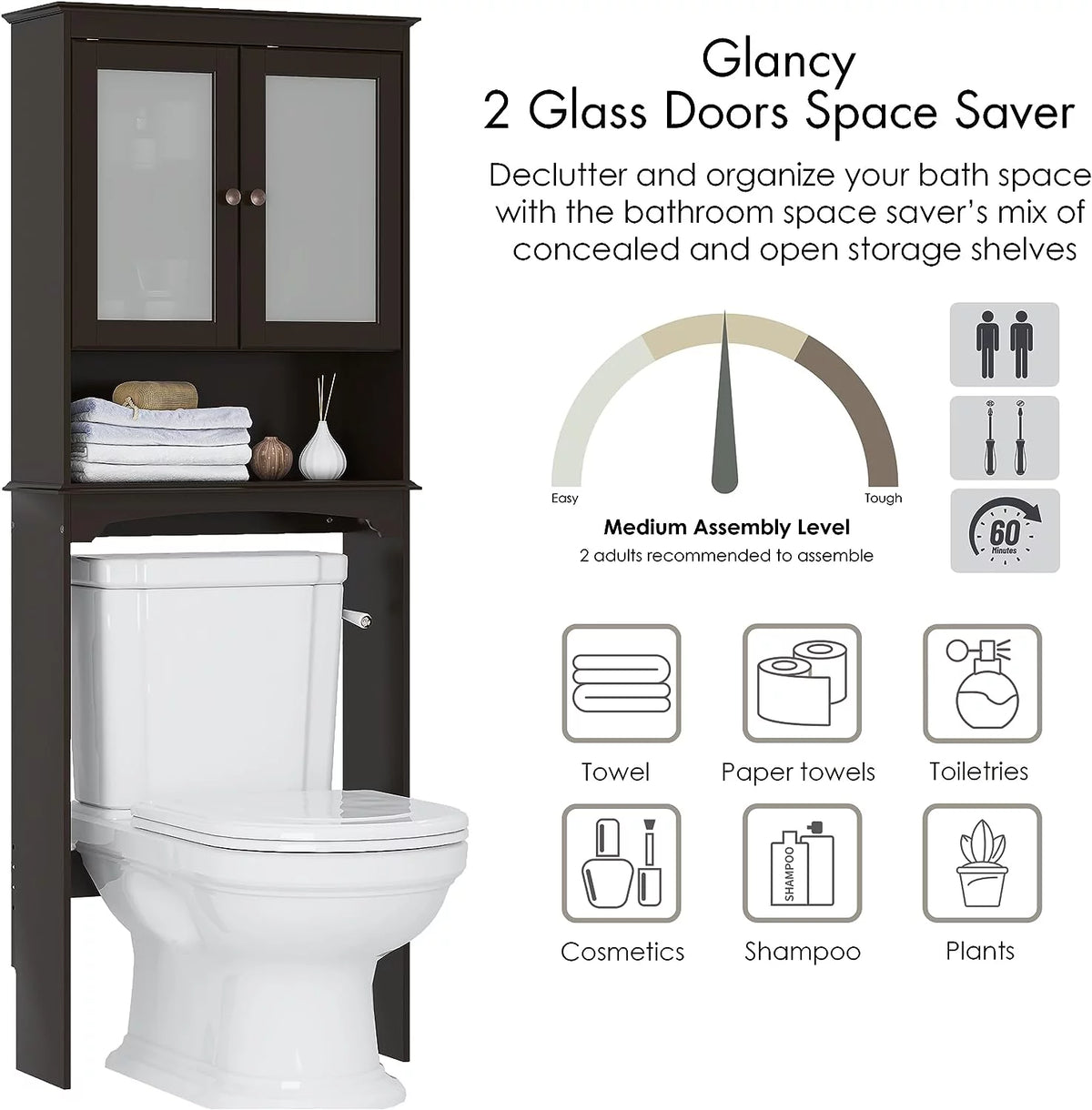 Over The Toilet Storage Cabinet with Glass Doors T7784