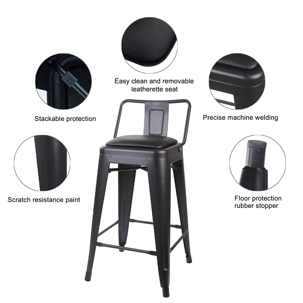 Black 24 inch Low Back Metal Barstool with Vegan Leather Seat, Set of 4 C76465
