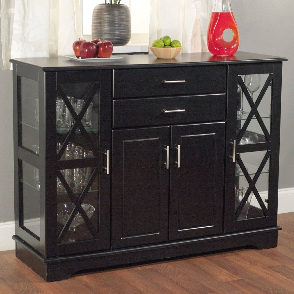 Black Wood Buffet Sideboard with Glass Doors D32011