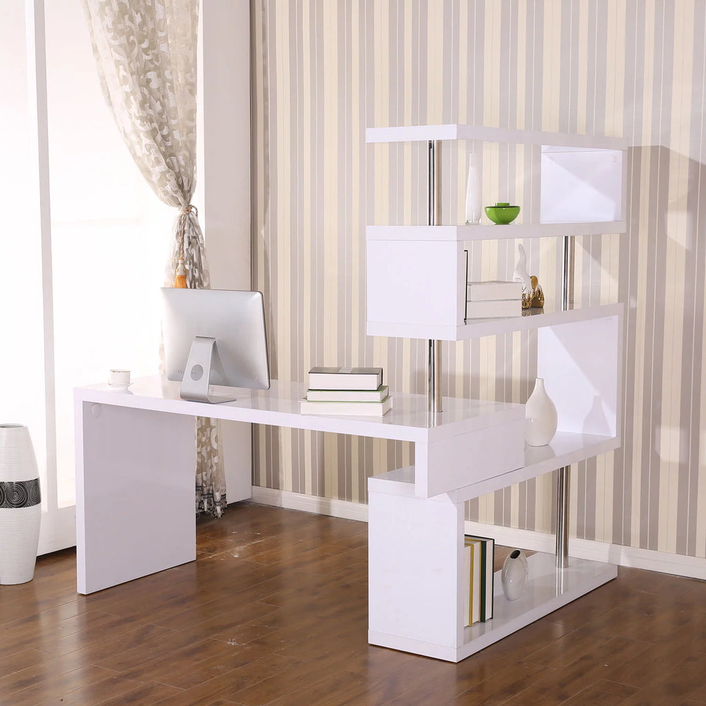 White 4 Tier L-Shaped Computer Desk with Shelves D8088